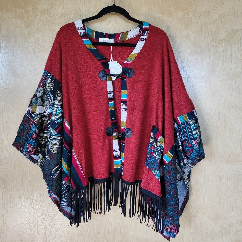 Southwestern Boho Fringed Poncho Wrap Red Size Large